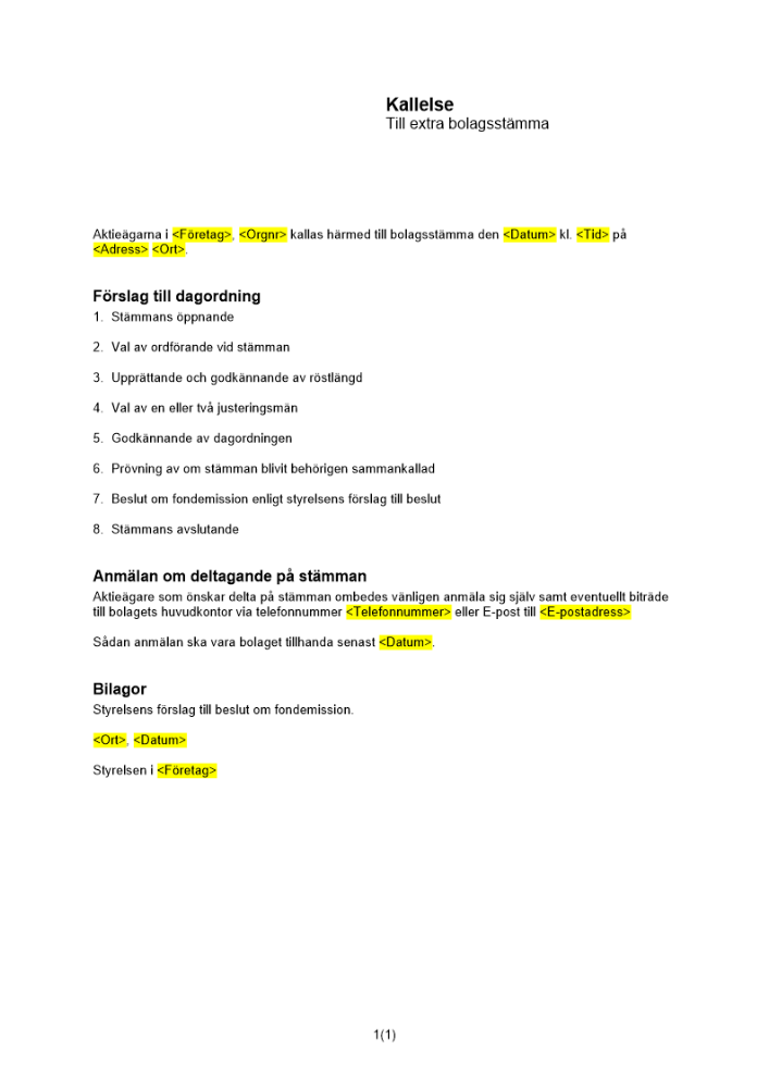 Kallelse extra bolagsstämma fondemission