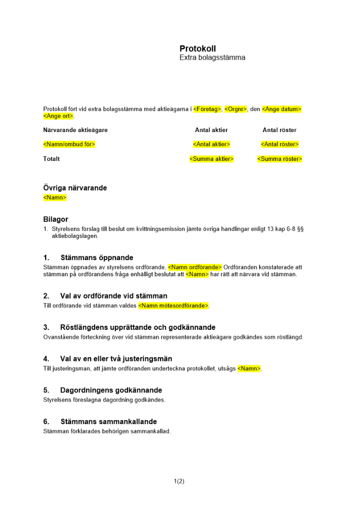 Protokoll extra bolagsstämma kvittningsemission