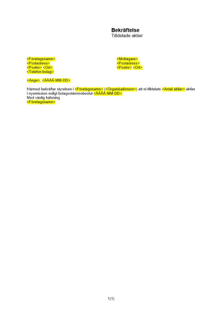 Bekräftelse tilldelade aktier