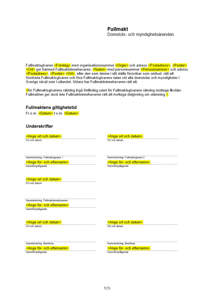 Fullmakt domstols och myndighetsärenden