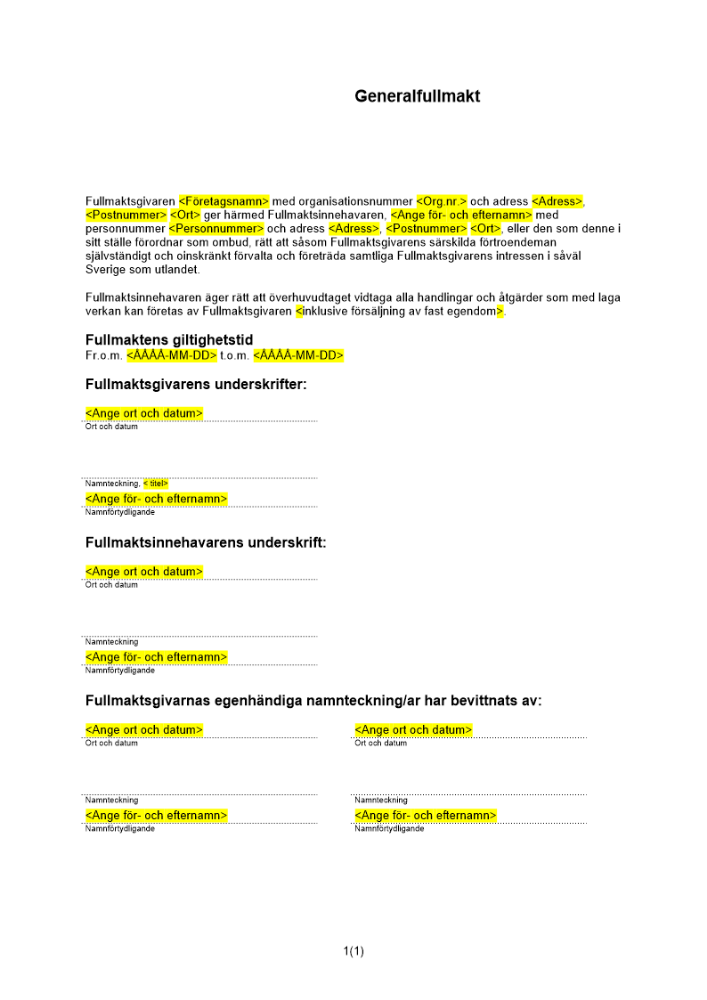 Fullmakt generalfullmakt