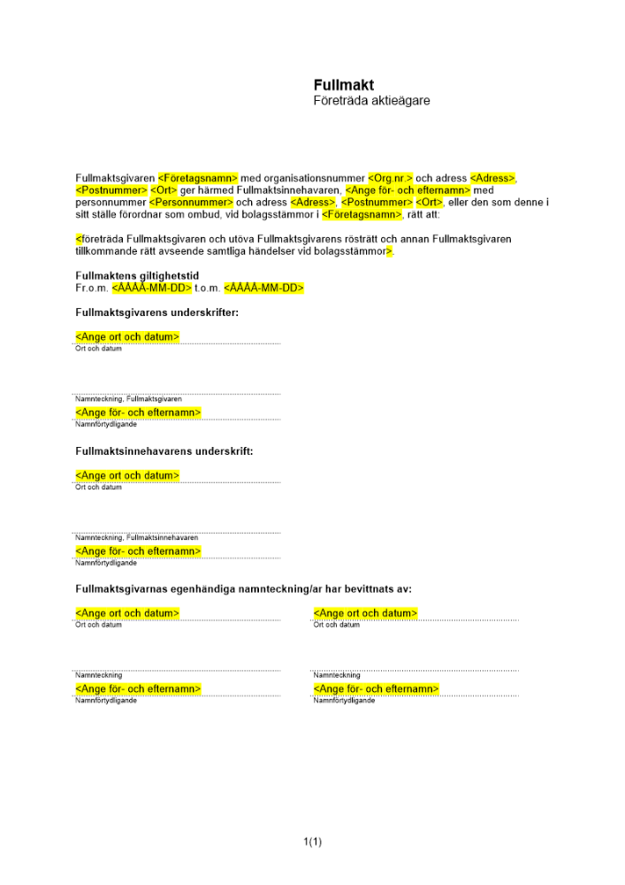 Fullmakt företräda aktieägare