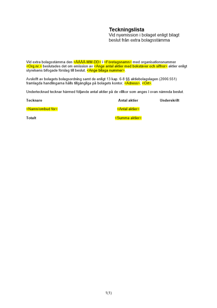 Teckningslista nyemission 10 aktietecknare