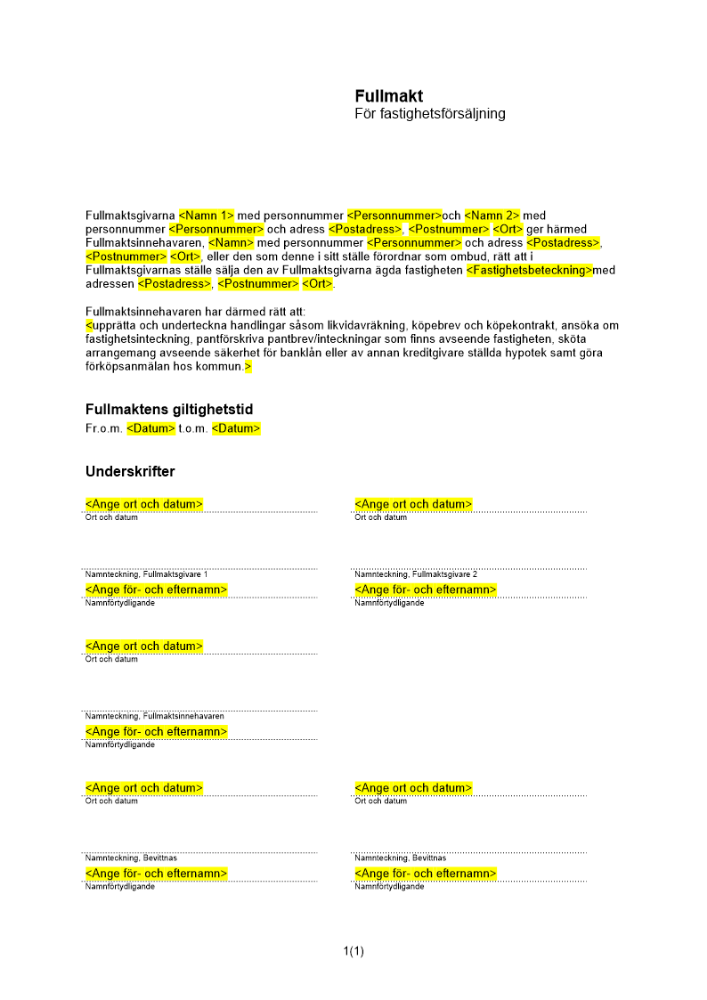 Fullmakt fastighetsförsäljning 2 ägare