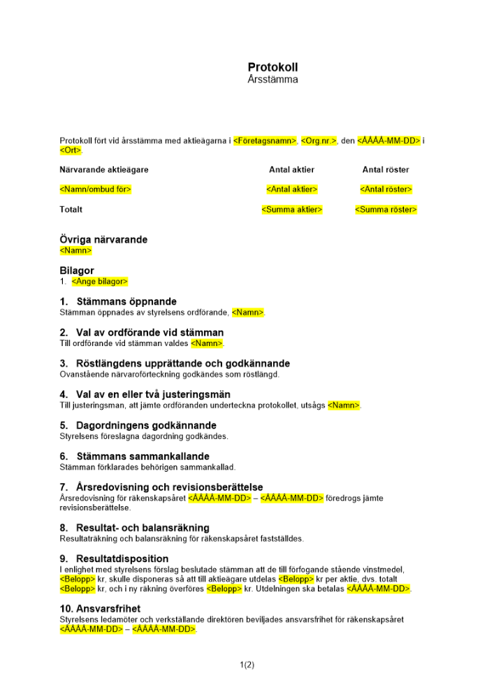 Protokoll årsstämma disponibla vinstmedel