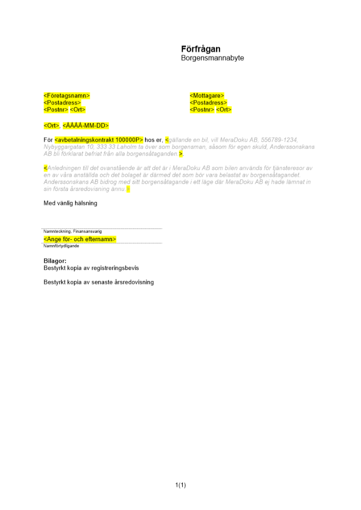 Förfrågan om borgensmannabyte