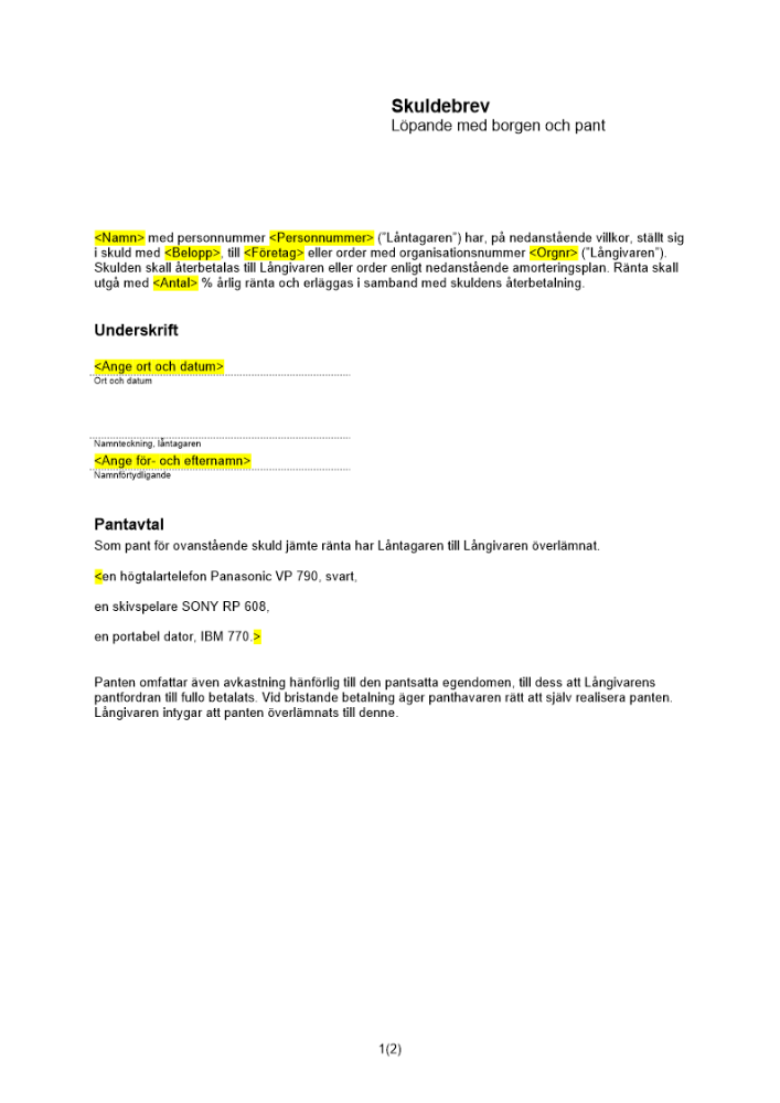 Löpande skuldebrev borgen pant