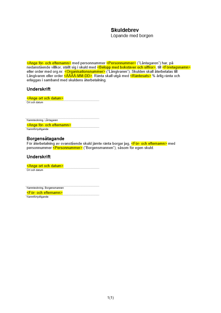 Löpande skuldebrev borgen