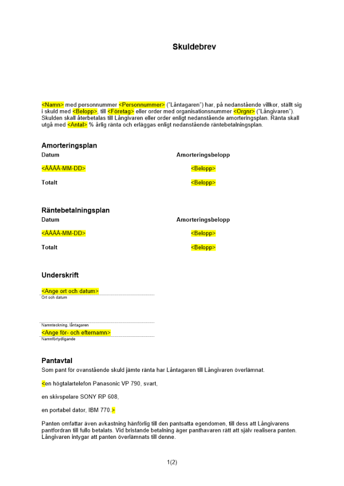 Löpande skuldebrev amorteringsplan pant