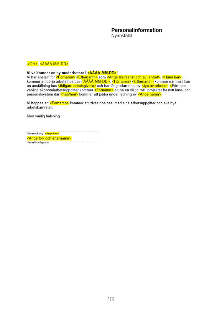 Personalinformation nyanställd
