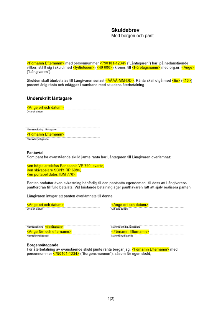 Enkelt skuldebrev borgen pant