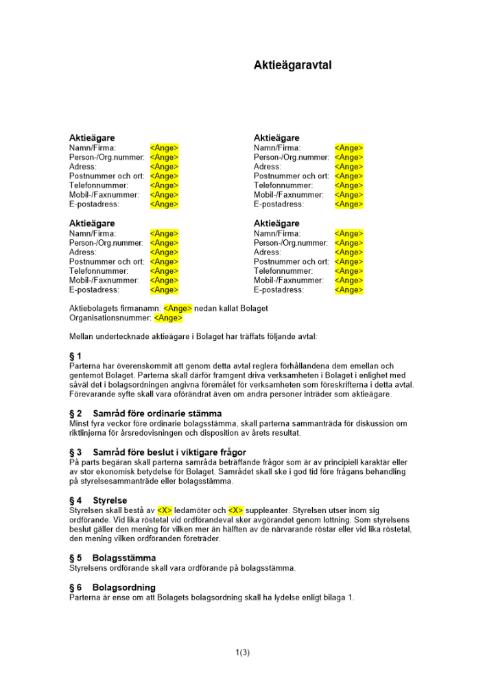 Aktieägaravtal (mall)