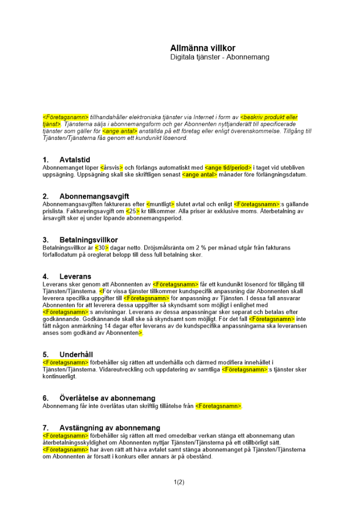 Allmänna villkor - Digitala tjänster - Abonnemang
