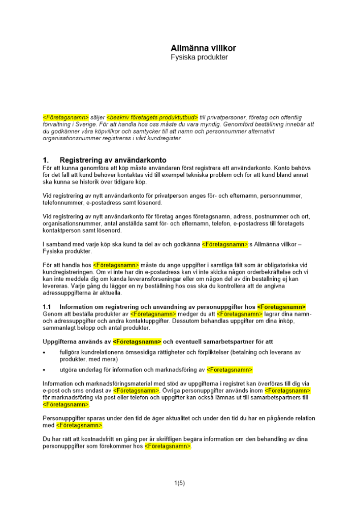 Allmänna villkor - Fysiska produkter