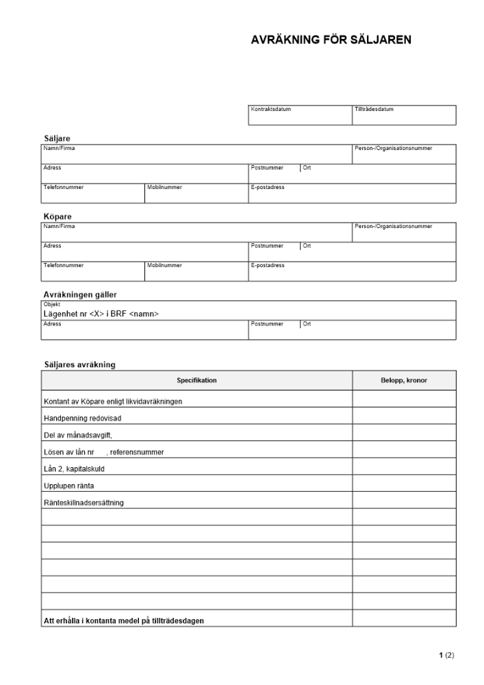 Avräkning för säljaren