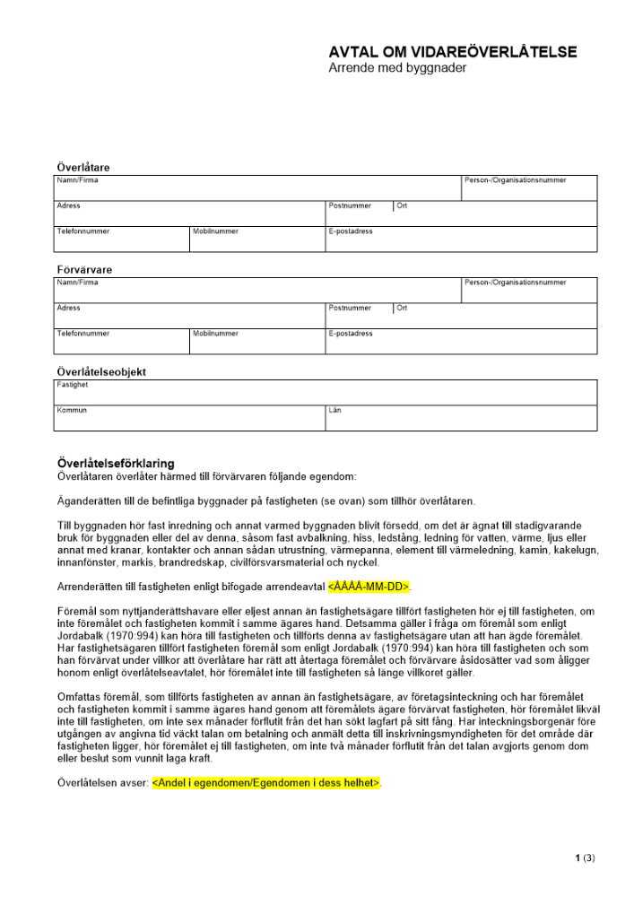 Avtal om vidareöverlåtelse - Arrende med byggnader