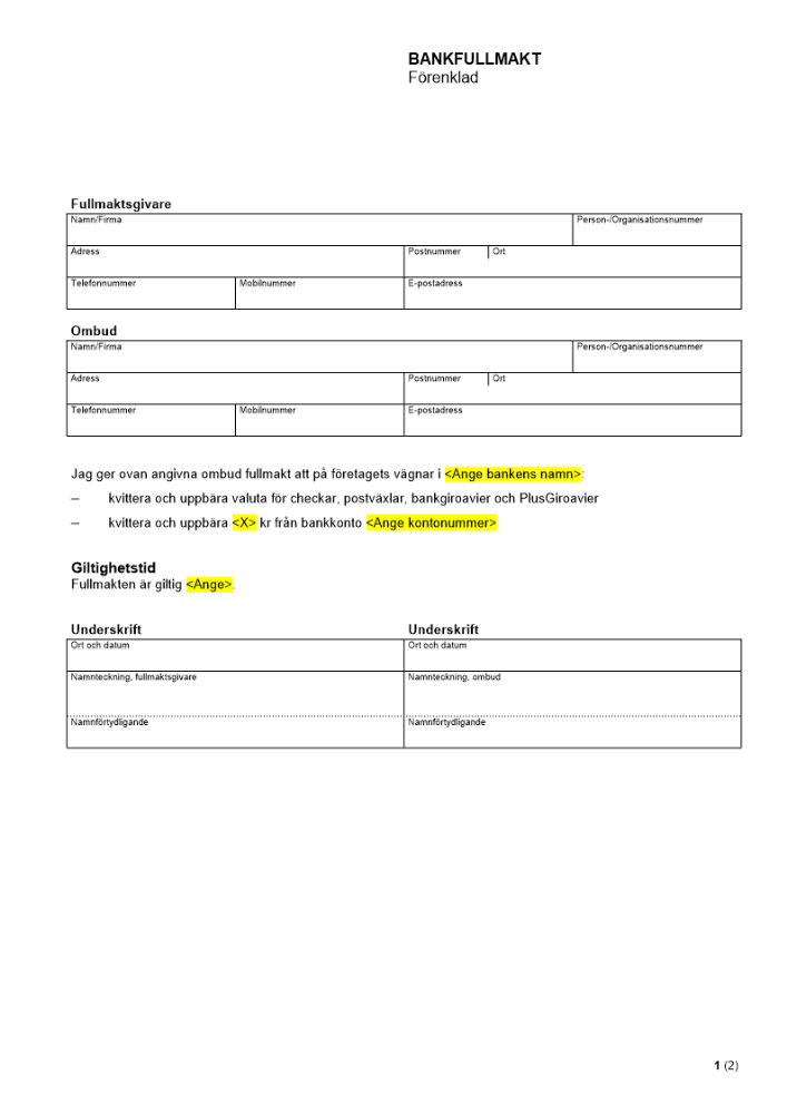 Bankfullmakt - Förenklad