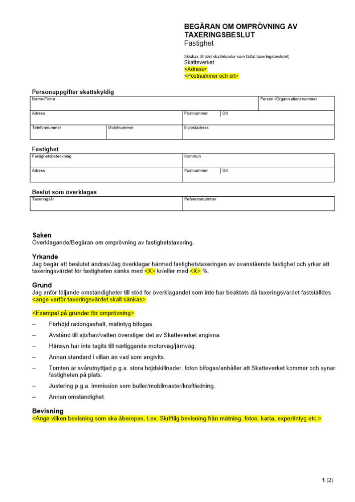 Begäran om omprövning av taxeringsbeslut - Fastighet