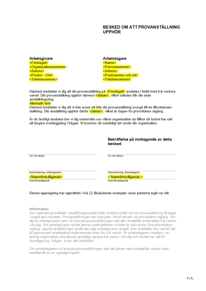 Besked om att provanställning upphör