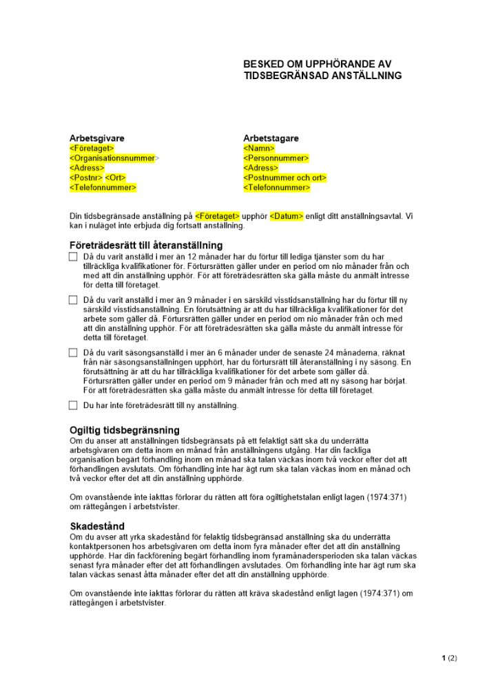 Besked om att tidsbegränsad anställning upphör