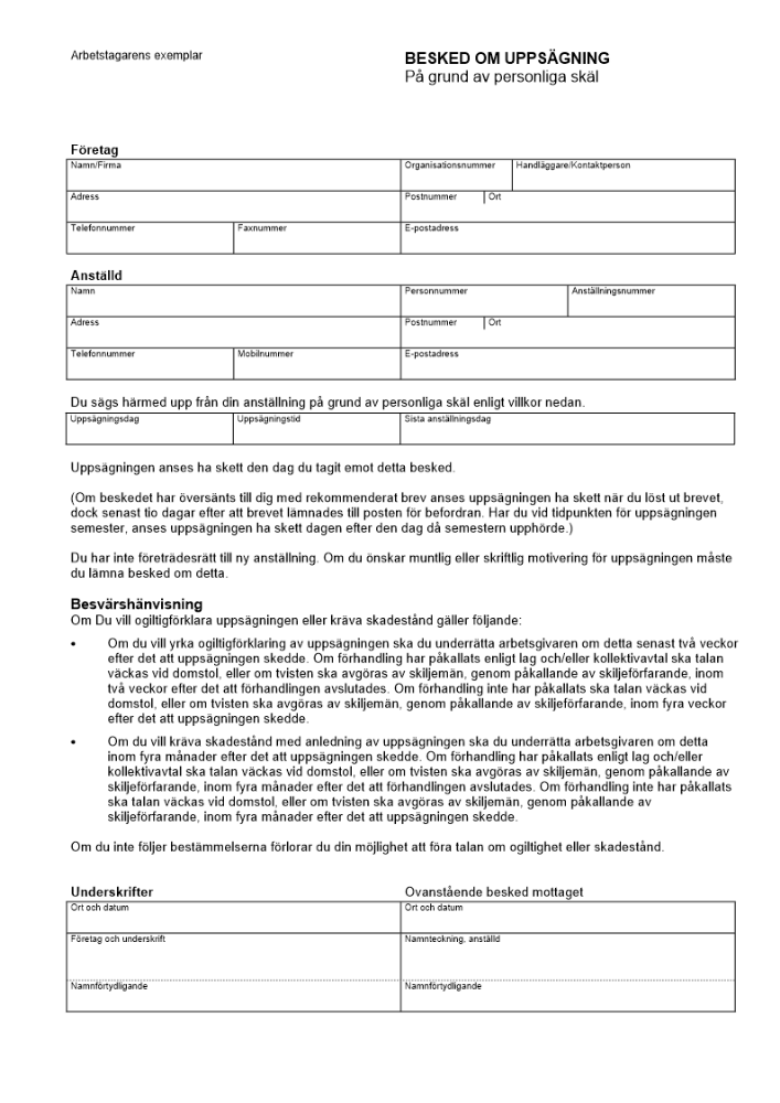 Besked om uppsägning på grund av personliga skäl