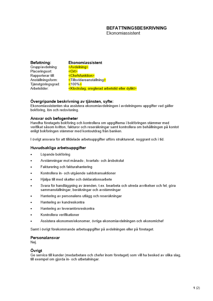 Befattningsbeskrivning - Ekonomiassistent