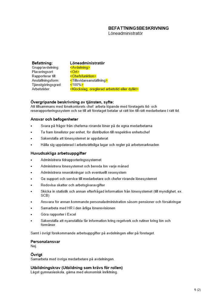 Befattningsbeskrivning - Löneadministratör
