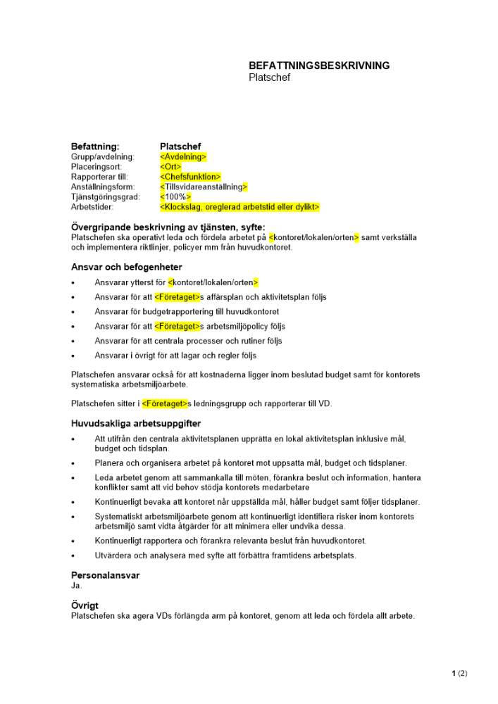 Befattningsbeskrivning - Platschef
