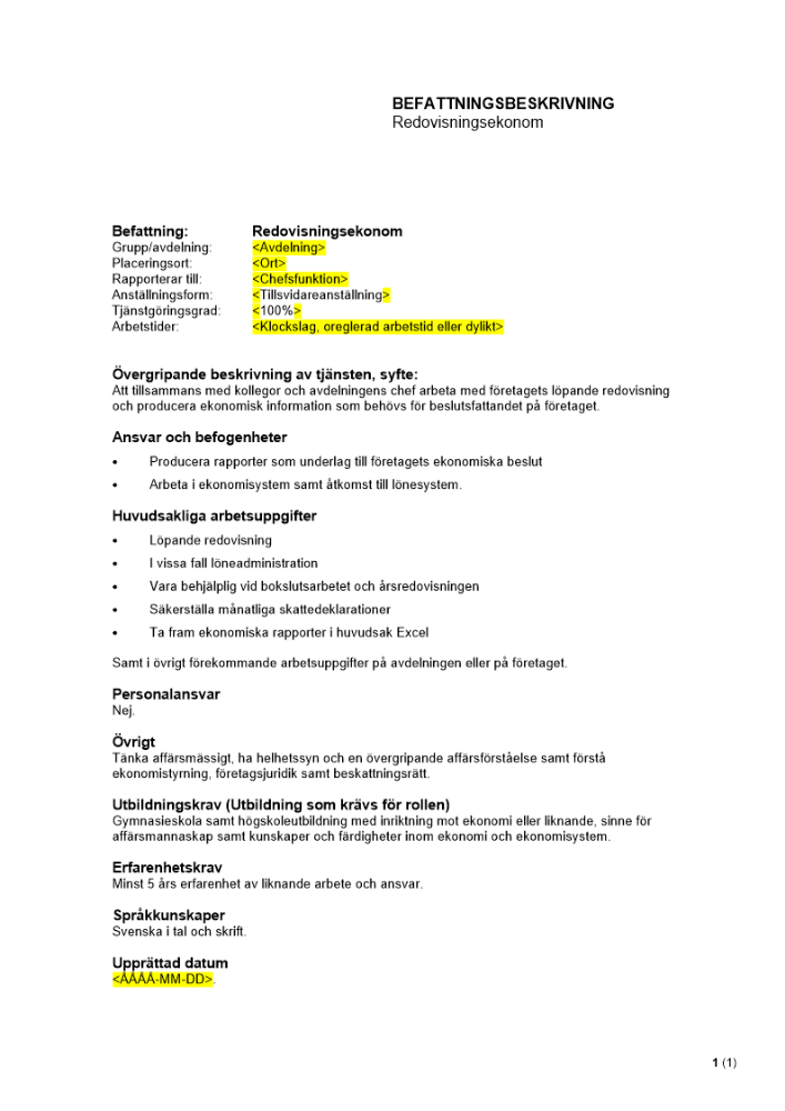 Befattningsbeskrivning - Redovisningsekonom