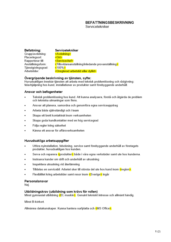 Befattningsbeskrivning - Servicetekniker
