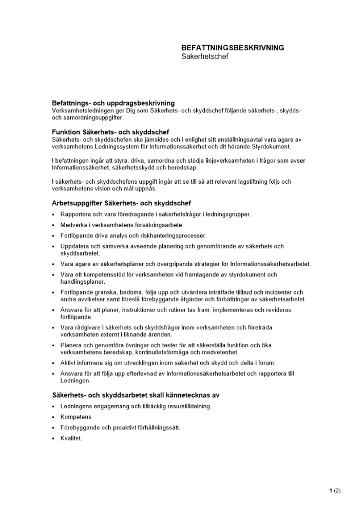 Befattningsbeskrivning - Säkerhetschef