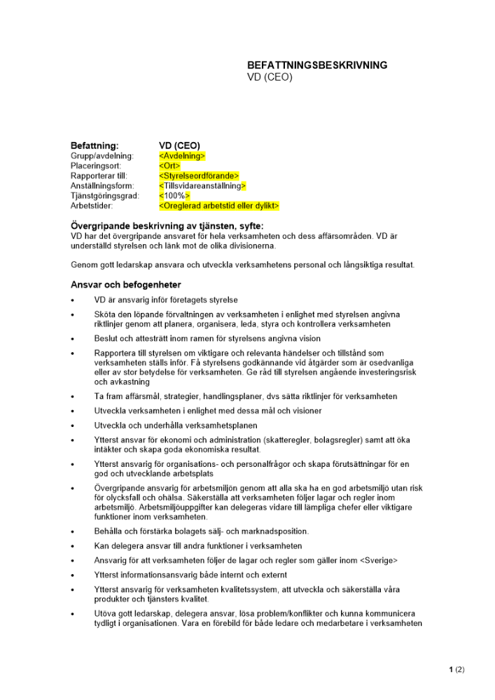 Befattningsbeskrivning - VD (CEO)