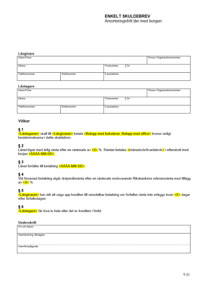 Enkelt skuldebrev - Amorteringsfritt lån med borgen