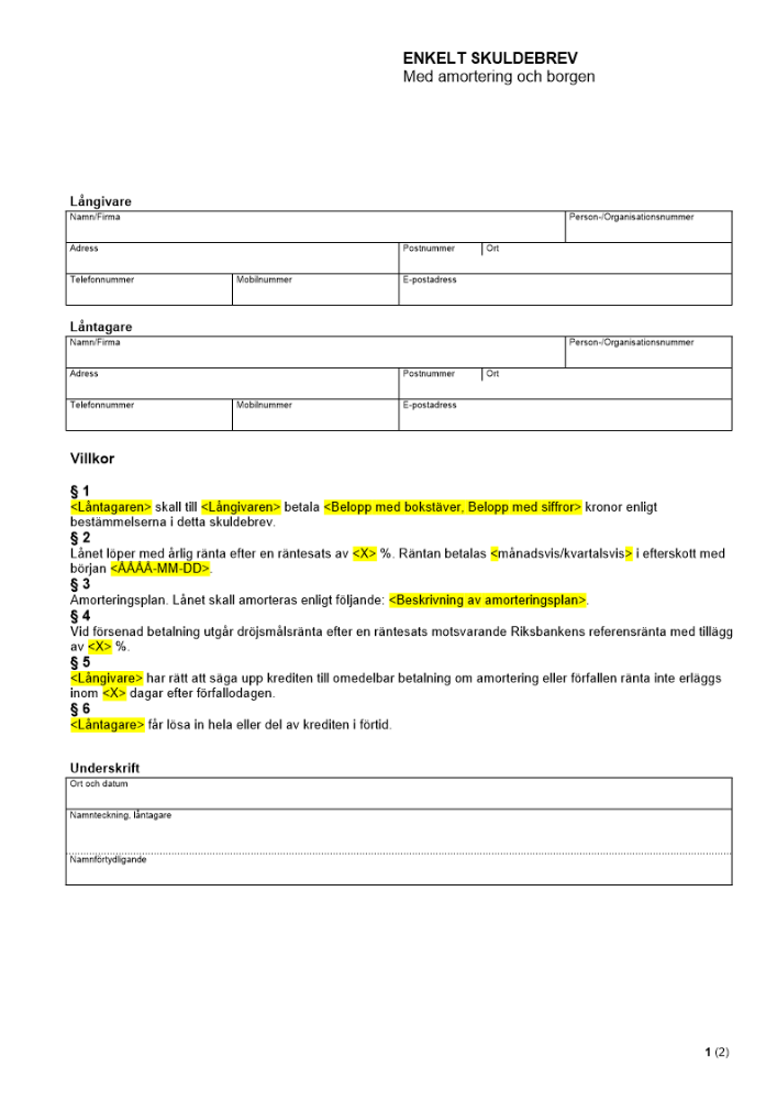 Enkelt skuldebrev - Med amortering och borgen