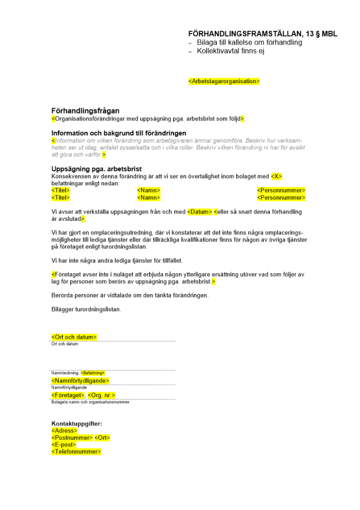 Förhandlingsframställan, information till MBL-förhandling om arbetsbrist (ej kollektivavtal)
