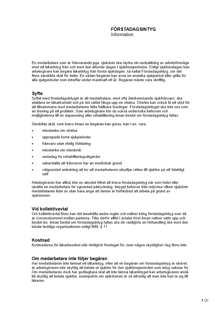 Förstadagsintyg - Information