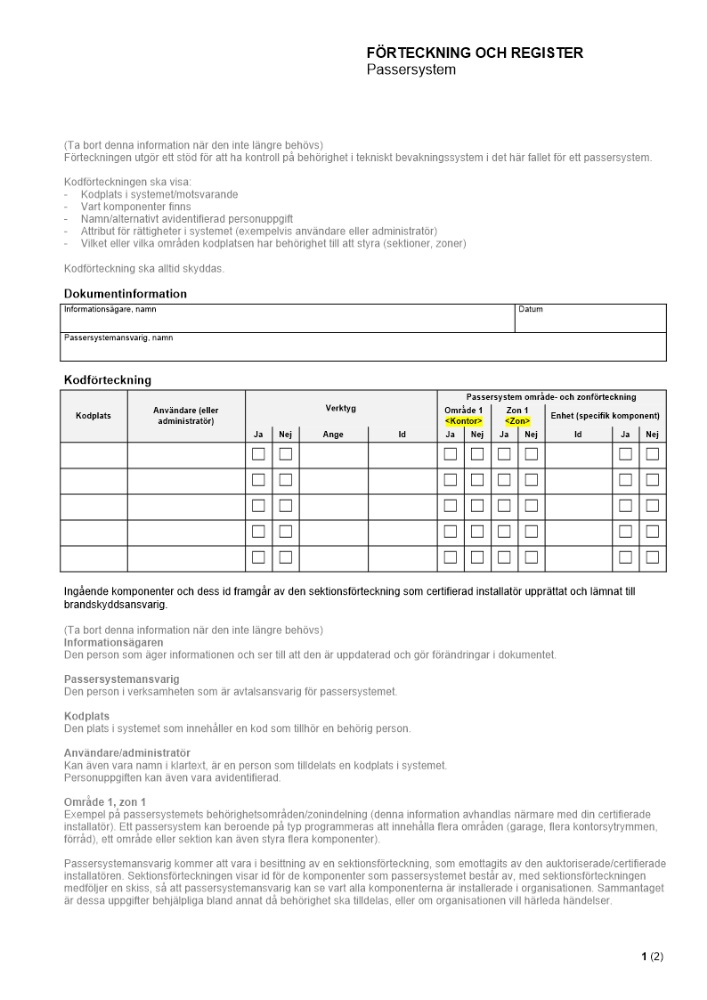 Förteckning och register - Passersystem