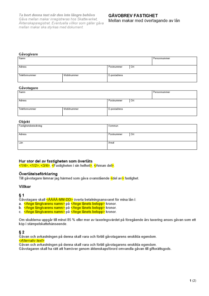 Gåvobrev fastighet - Mellan makar med övertagande av lån