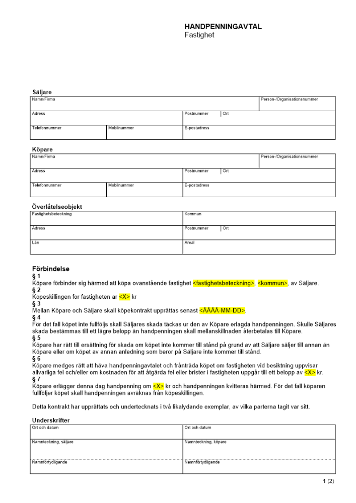 Handpenningavtal - Fastighet
