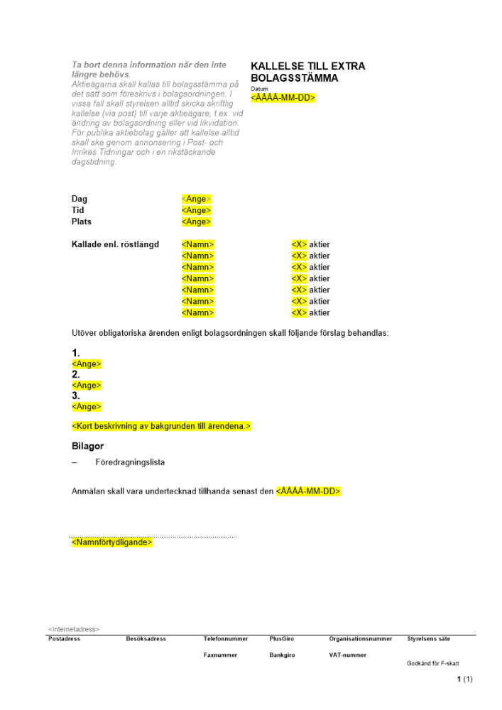 Kallelse - Extra bolagsstämma