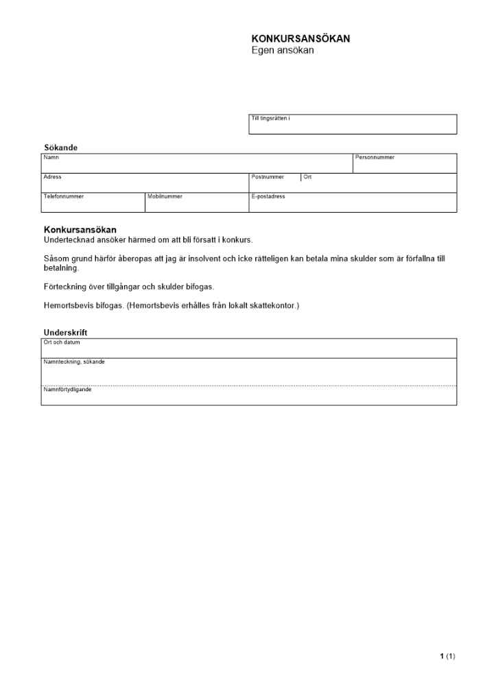 Konkursansökan - Egen ansökan