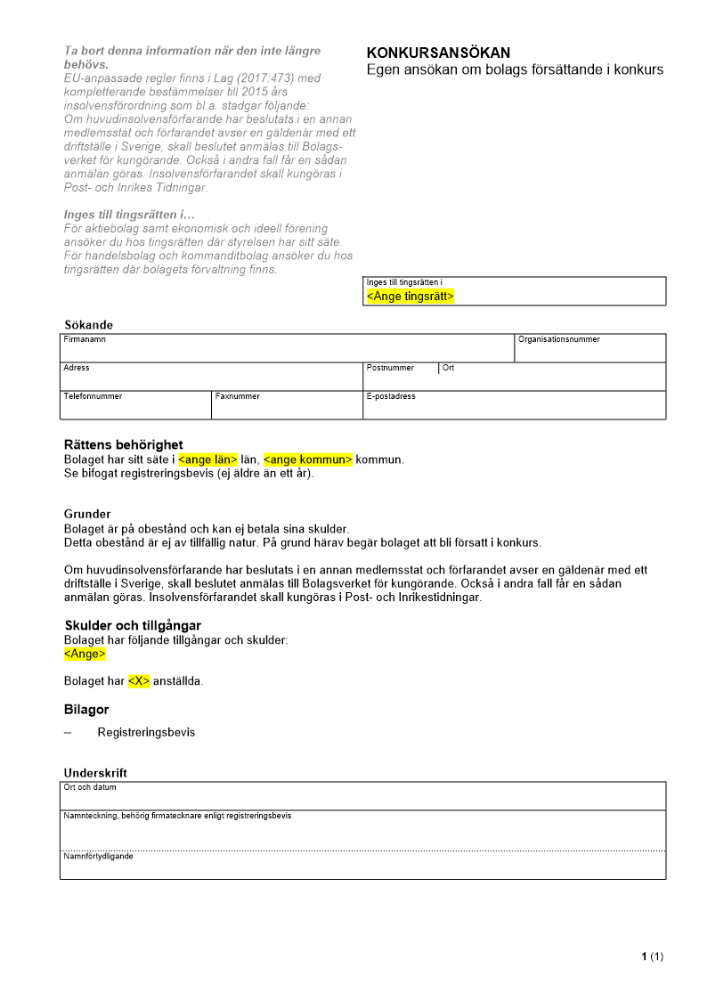 Konkursansökan - Egen ansökan om bolags försättande i konkurs