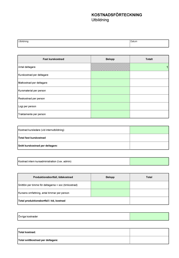 Kostnadsförteckning - Utbildningar
