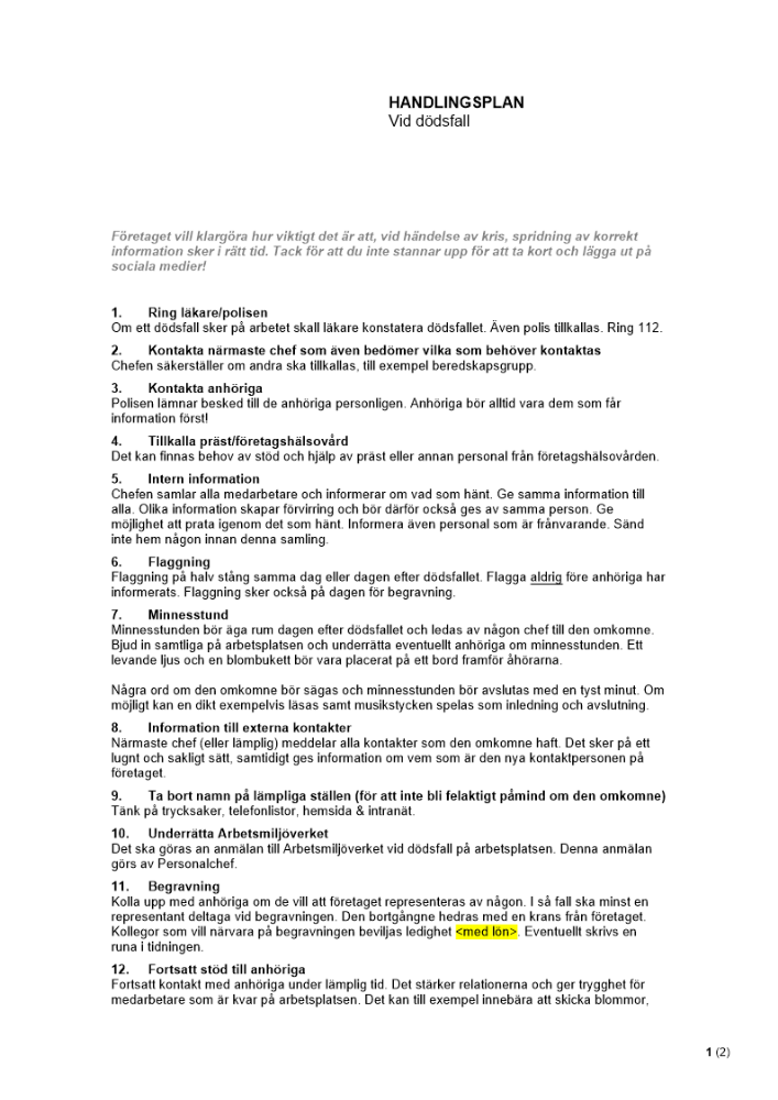 Krishantering - Handlingsplan vid dödsfall