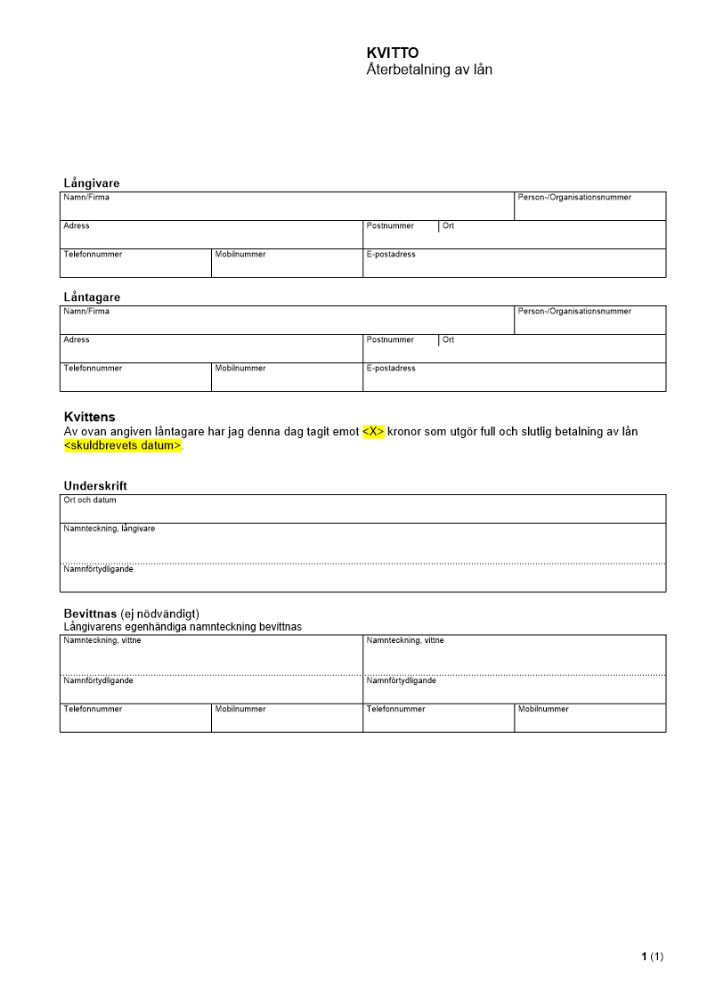 Kvitto - Återbetalning av lån