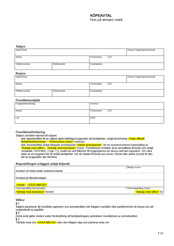Köpekontrakt - Hus på annans mark (ofri grund)