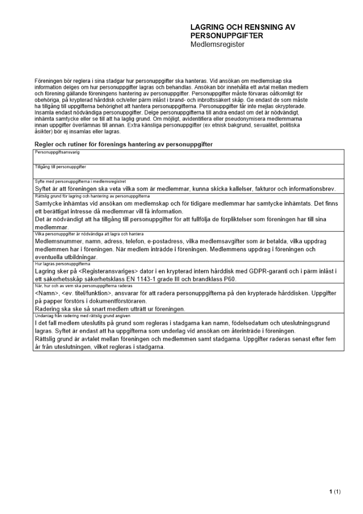 Lagring och rensning av personuppgifter - Medlemsregister