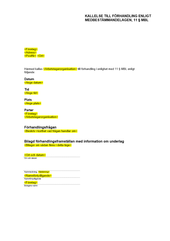 MBL-förhandling 11§ (har kollektivavtal) - Kallelse