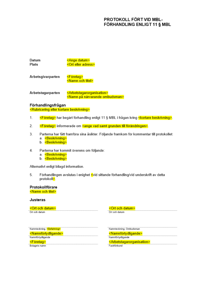 MBL-förhandling 11§ (har kollektivavtal) - Protokoll