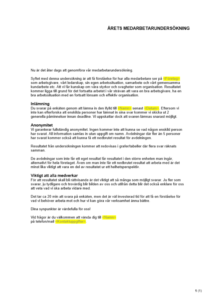 Medarbetarundersökning - Försättsbrev